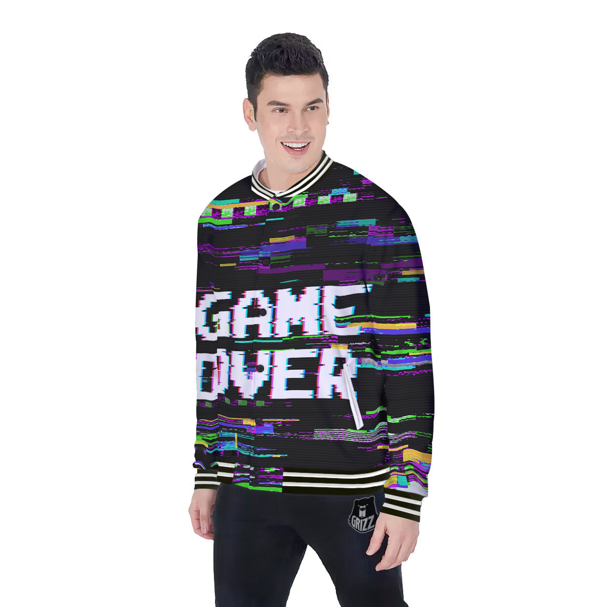 Game Over Text Glitch Effect Print Baseball Jacket-grizzshop