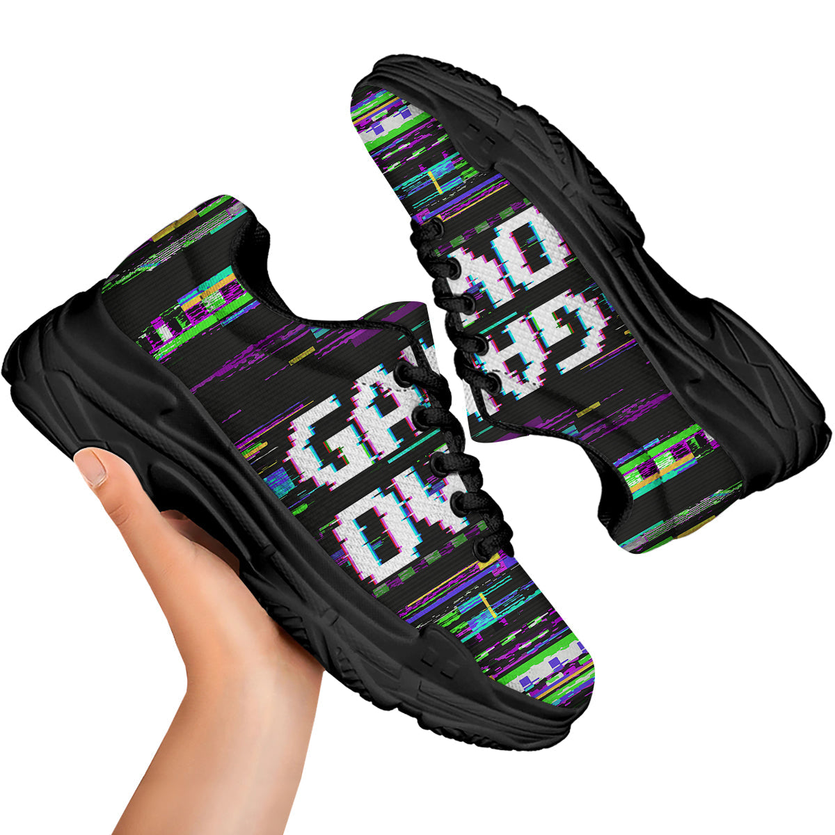 Game Over Text Glitch Effect Print Black Chunky Shoes-grizzshop