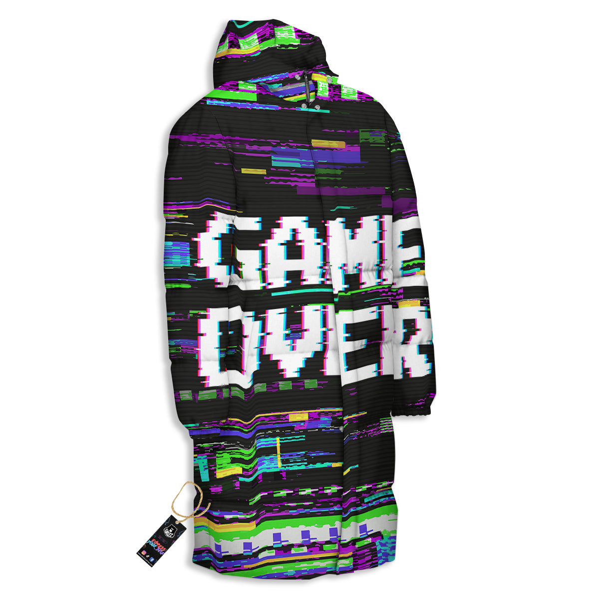 Game Over Text Glitch Effect Print Long Down Jacket-grizzshop