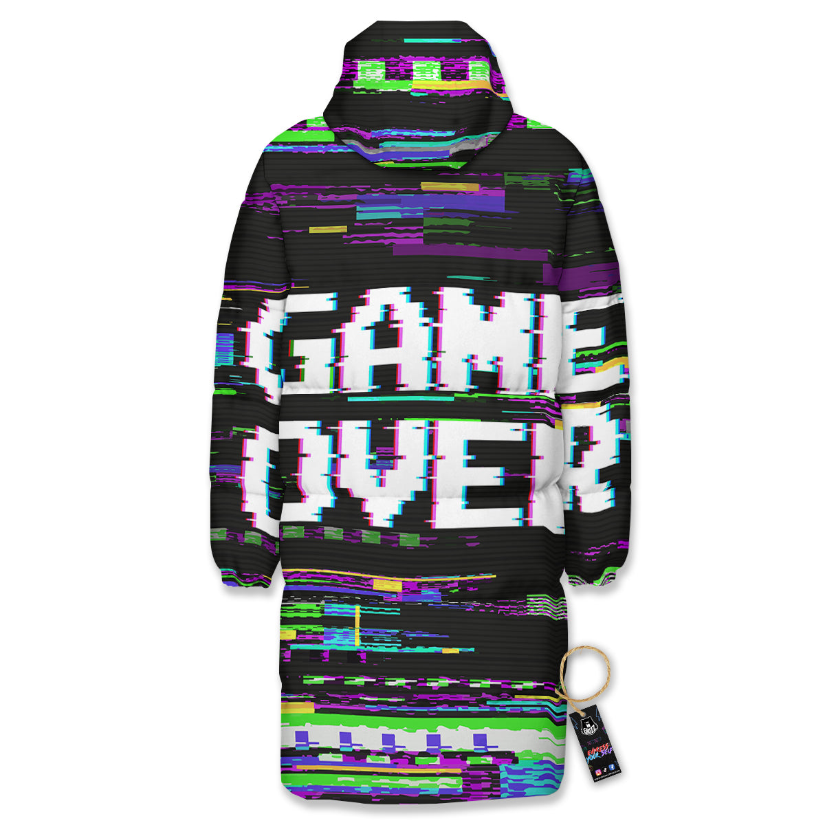 Game Over Text Glitch Effect Print Long Down Jacket-grizzshop
