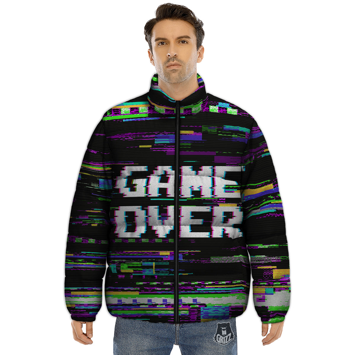 Game Over Text Glitch Effect Print Puffer Jacket-grizzshop