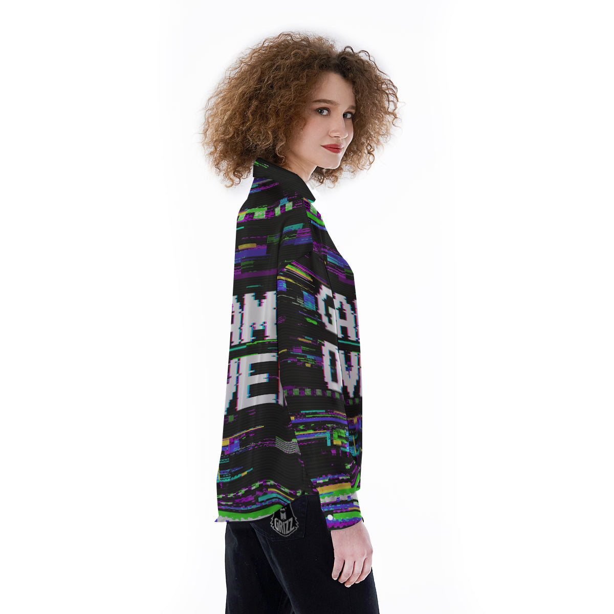 Game Over Text Glitch Effect Print Women's Long Sleeve Shirts-grizzshop