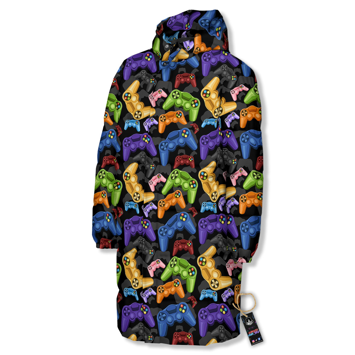 Game Pads Colorful Print Pattern Long Down Jacket-grizzshop