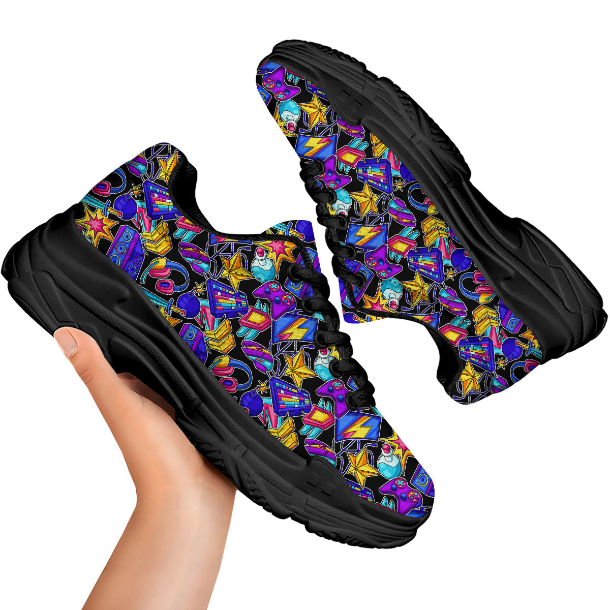 Gaming Items Colorful Print Pattern Black Chunky Shoes-grizzshop