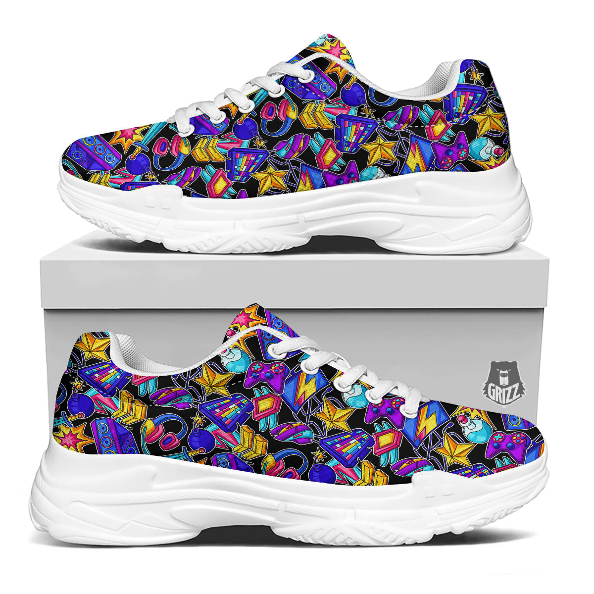 Gaming Items Colorful Print Pattern White Chunky Shoes-grizzshop