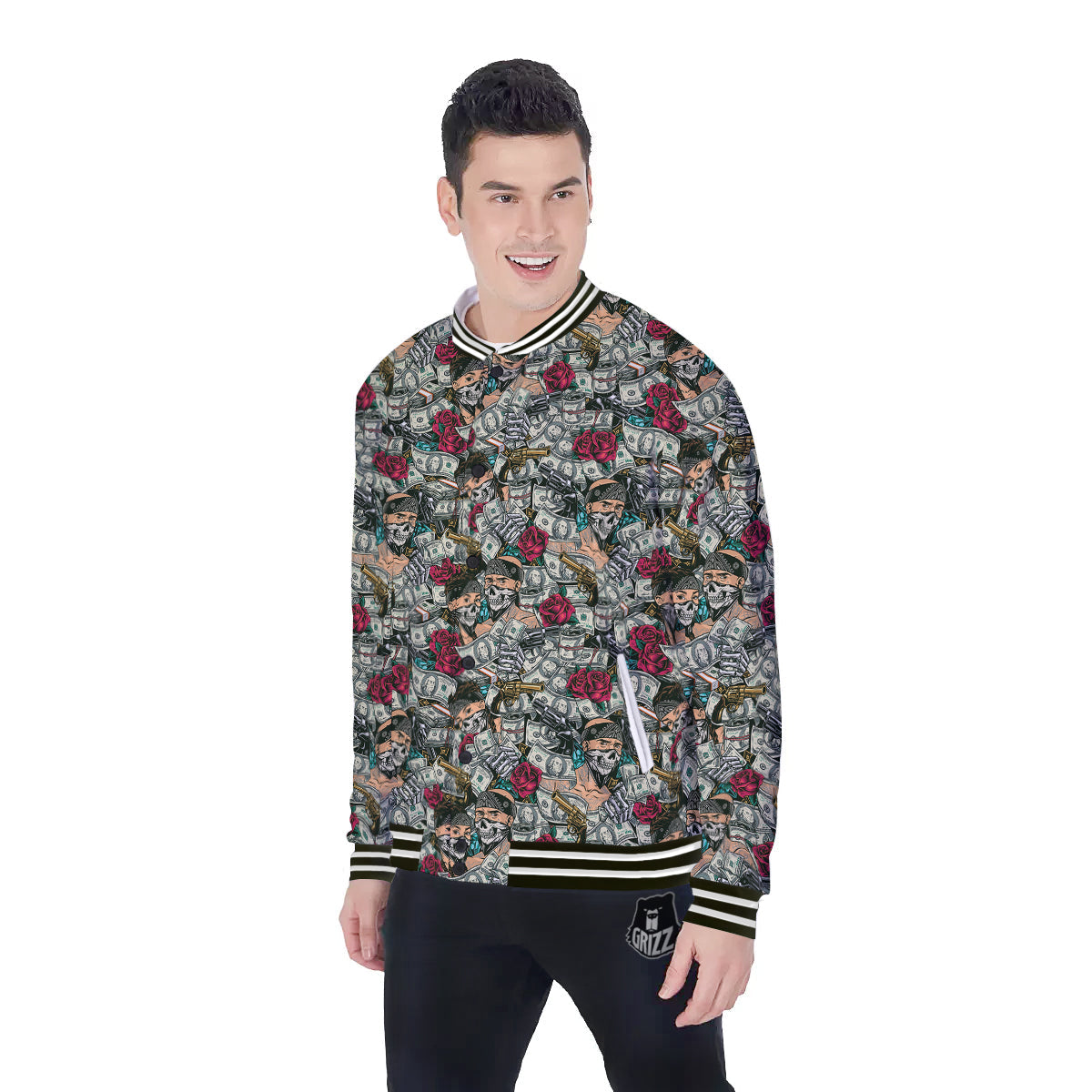 Gang Gun And Money Vintage Print Pattern Baseball Jacket-grizzshop
