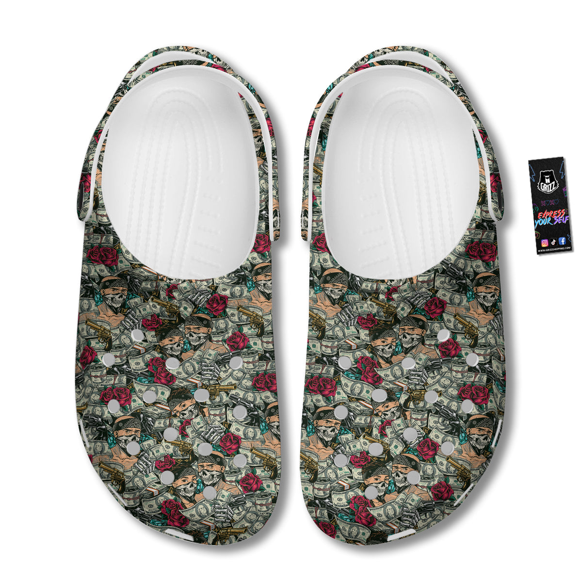 Gang Gun And Money Vintage Print Pattern Clog-grizzshop