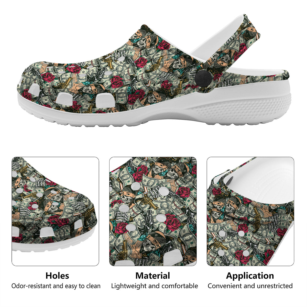 Gang Gun And Money Vintage Print Pattern Clog-grizzshop