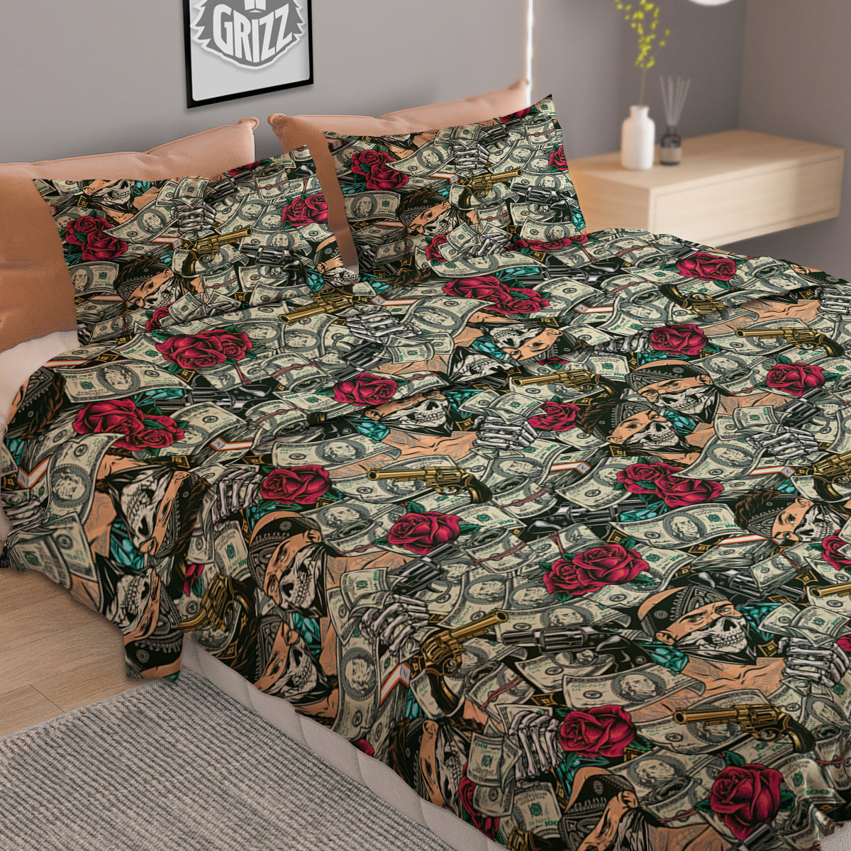 Gang Gun And Money Vintage Print Pattern Duvet Cover Bedding Set