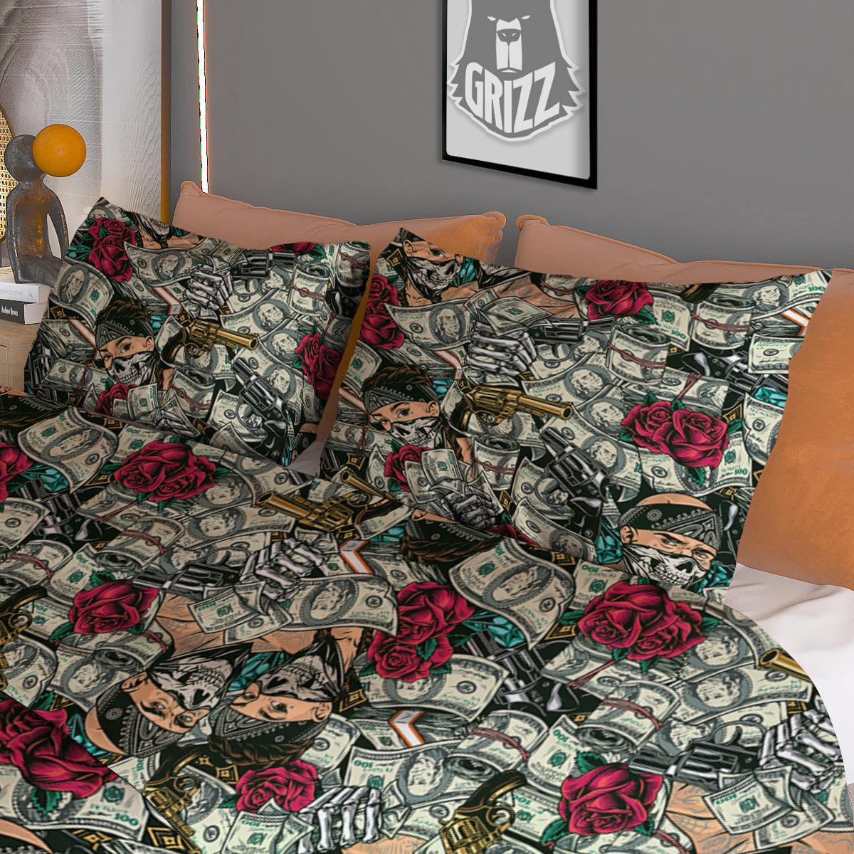 Gang Gun And Money Vintage Print Pattern Duvet Cover Bedding Set