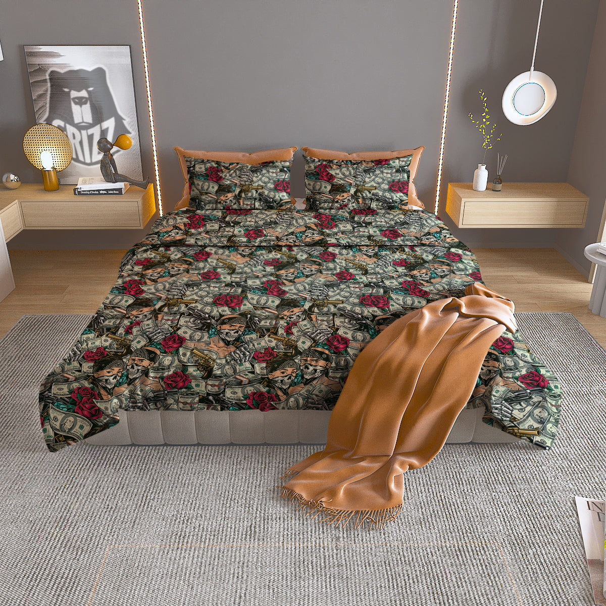 Gang Gun And Money Vintage Print Pattern Duvet Cover Bedding Set