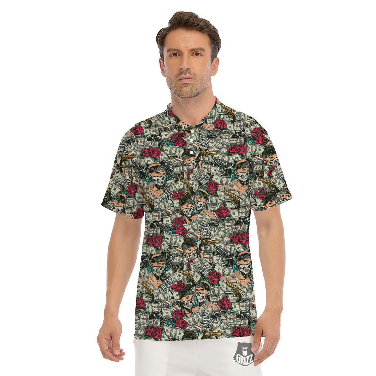 Gang Gun And Money Vintage Print Pattern Men's Golf Shirts-grizzshop