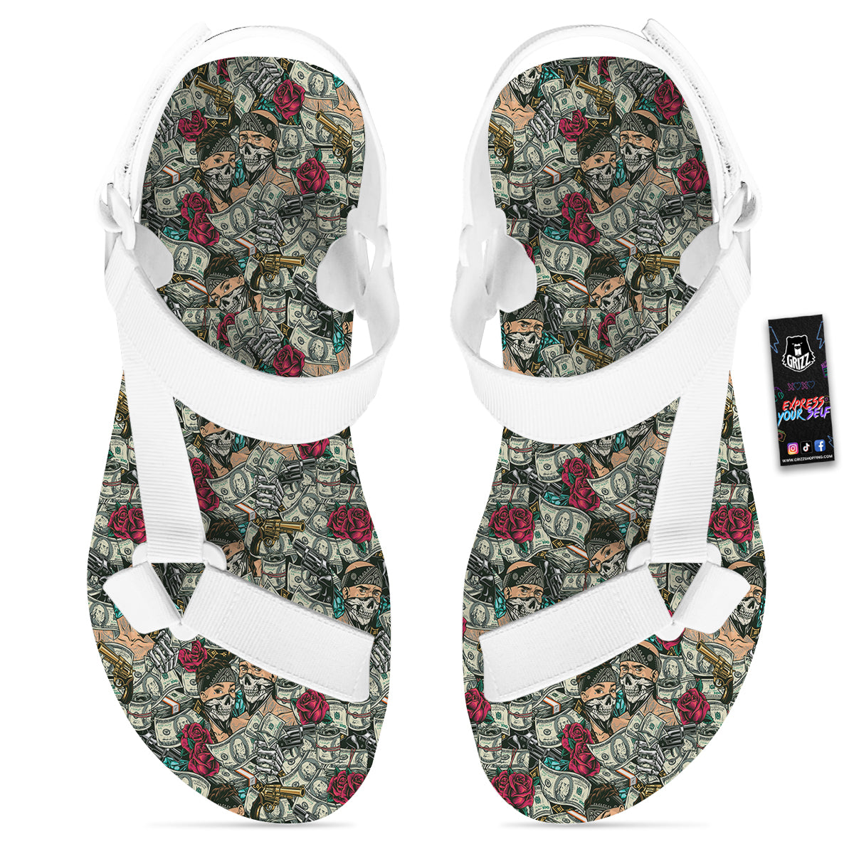 Gang Gun And Money Vintage Print Pattern White Open Toe Sandals-grizzshop