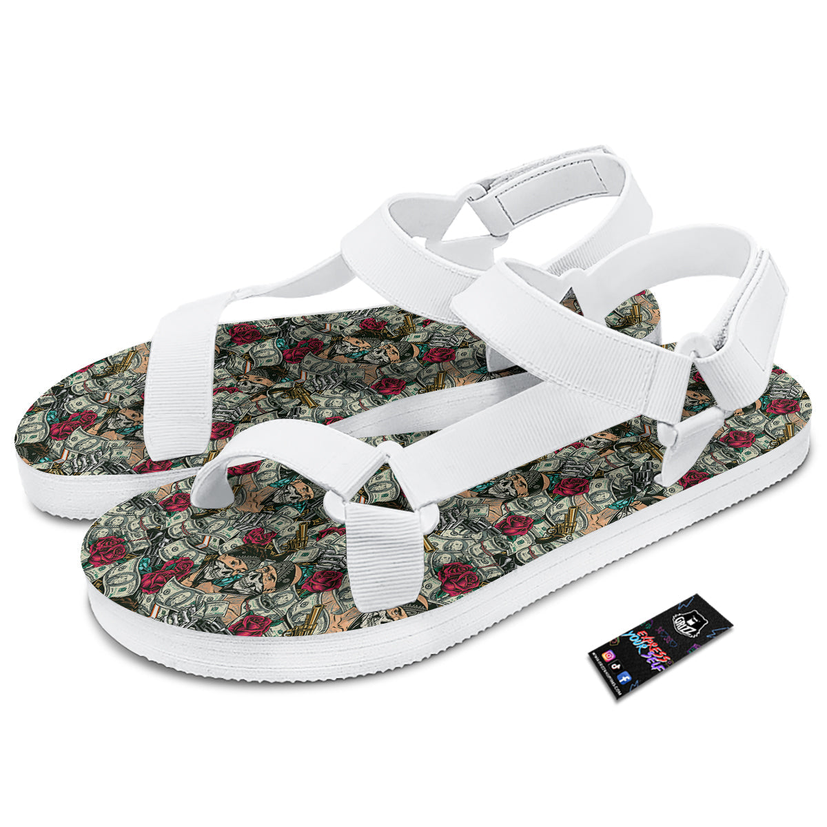 Gang Gun And Money Vintage Print Pattern White Open Toe Sandals-grizzshop