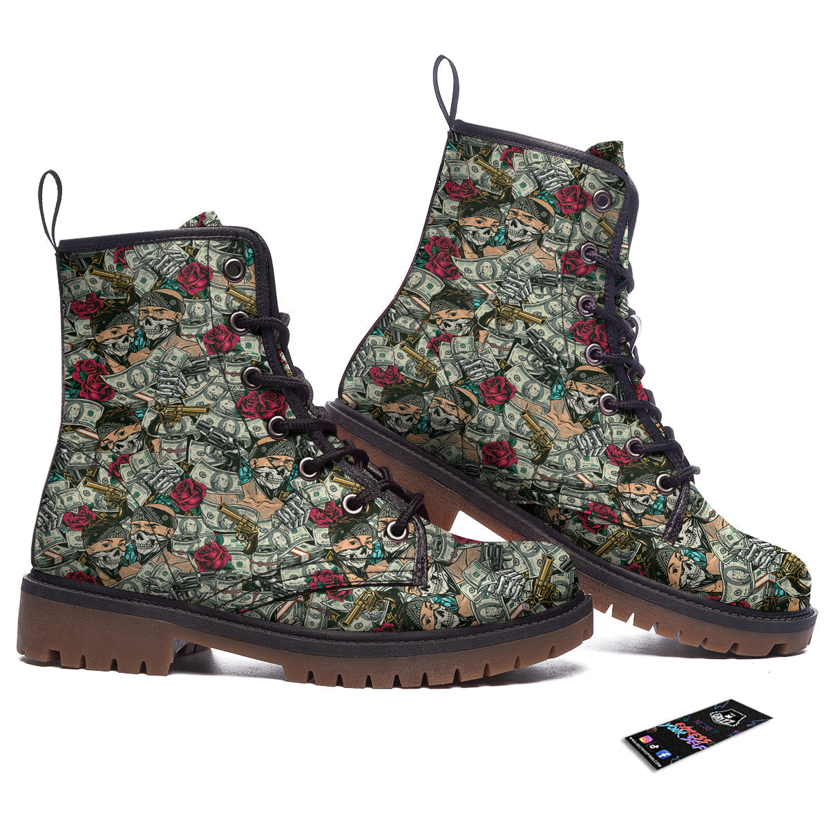 Gang Gun And Money Vintage Print Pattern Work Boots-grizzshop