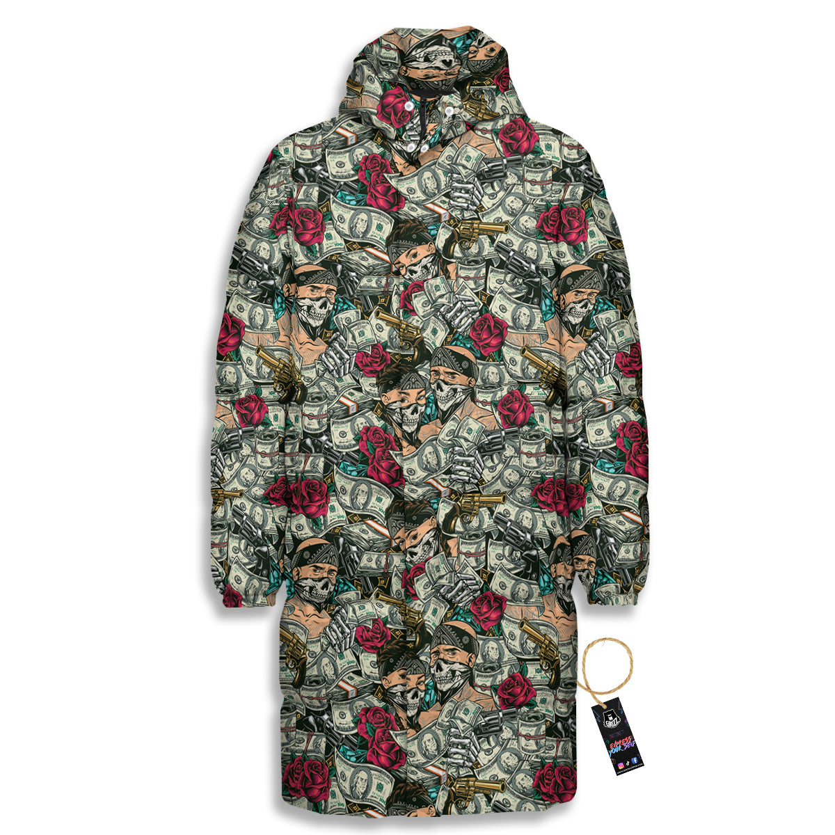 Gang Gun And Money Vintage Print Pattern Long Down Jacket