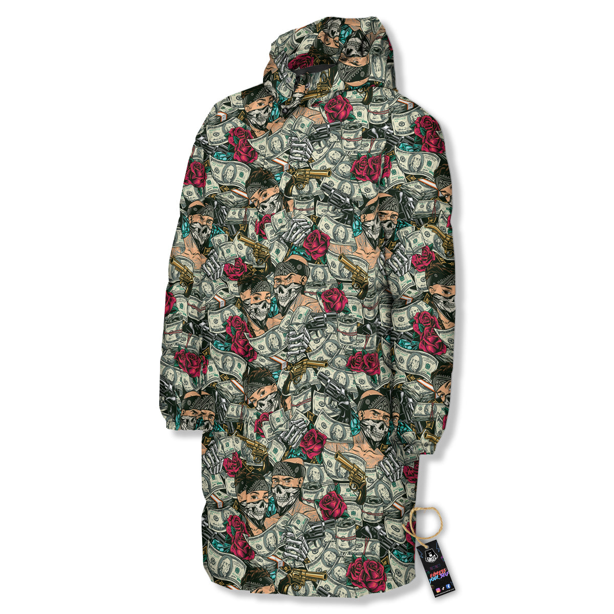 Gang Gun And Money Vintage Print Pattern Long Down Jacket
