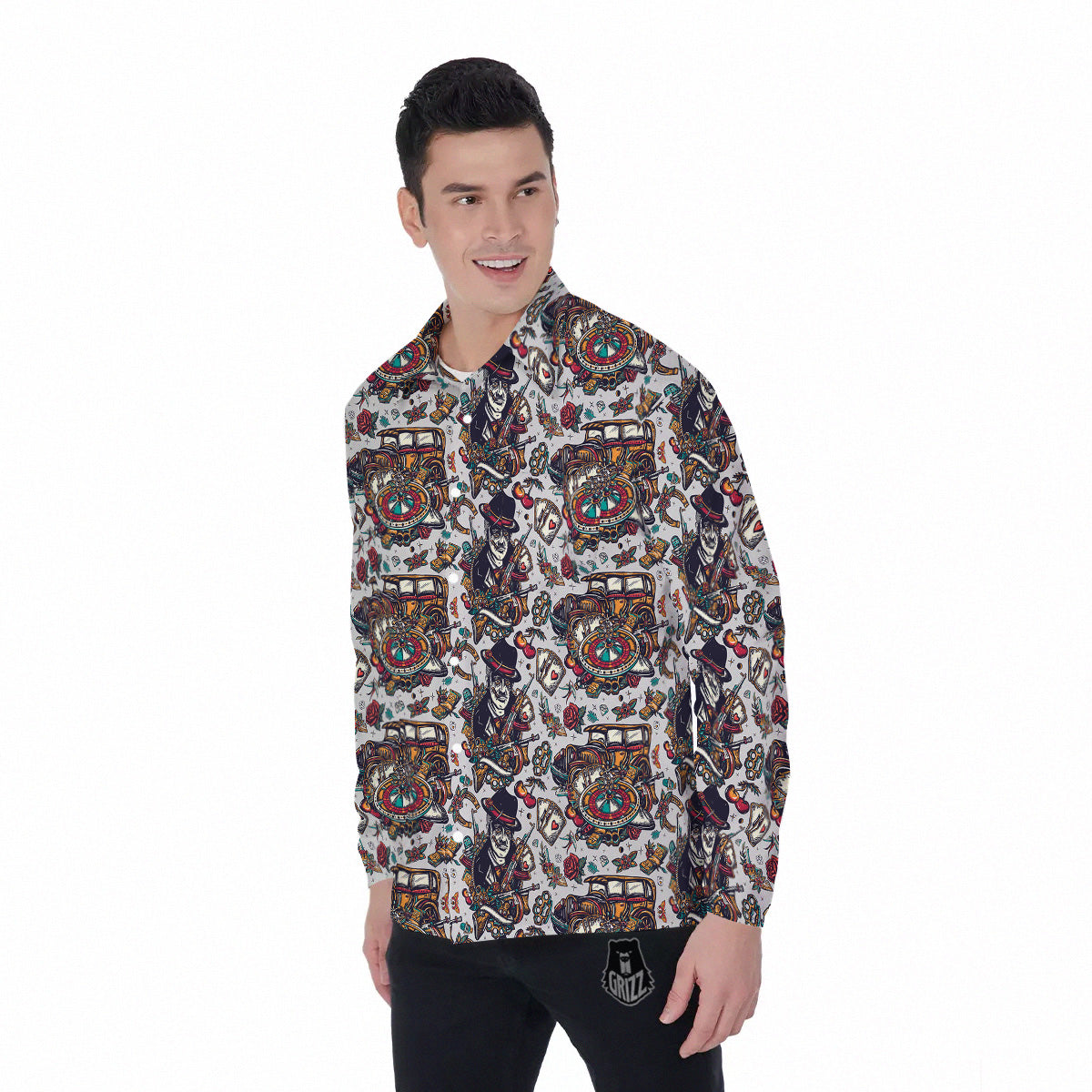 Gangsters And Criminal Tattoo Print Pattern Men's Long Sleeve Shirts-grizzshop