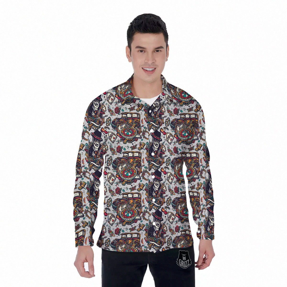 Gangsters And Criminal Tattoo Print Pattern Men's Long Sleeve Shirts-grizzshop