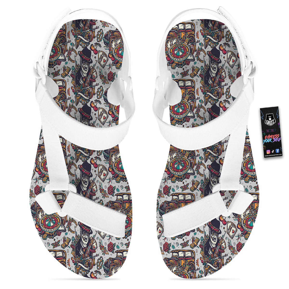 Gangsters And Criminal Tattoo Print Pattern White Open Toe Sandals-grizzshop