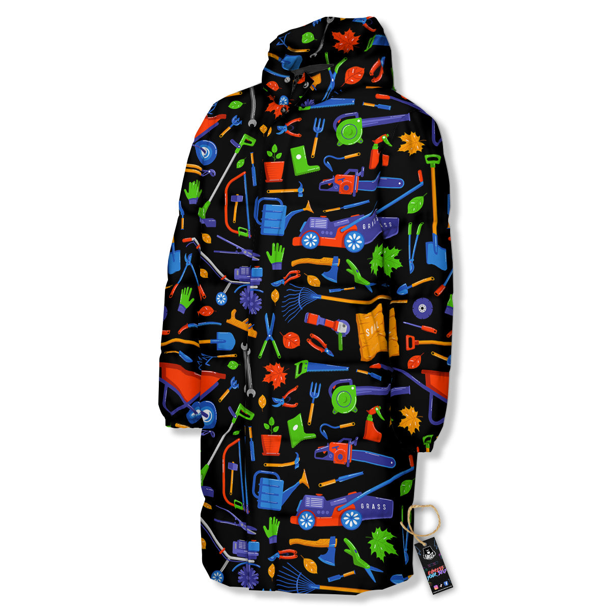 Garden Tools Print Pattern Long Down Jacket-grizzshop