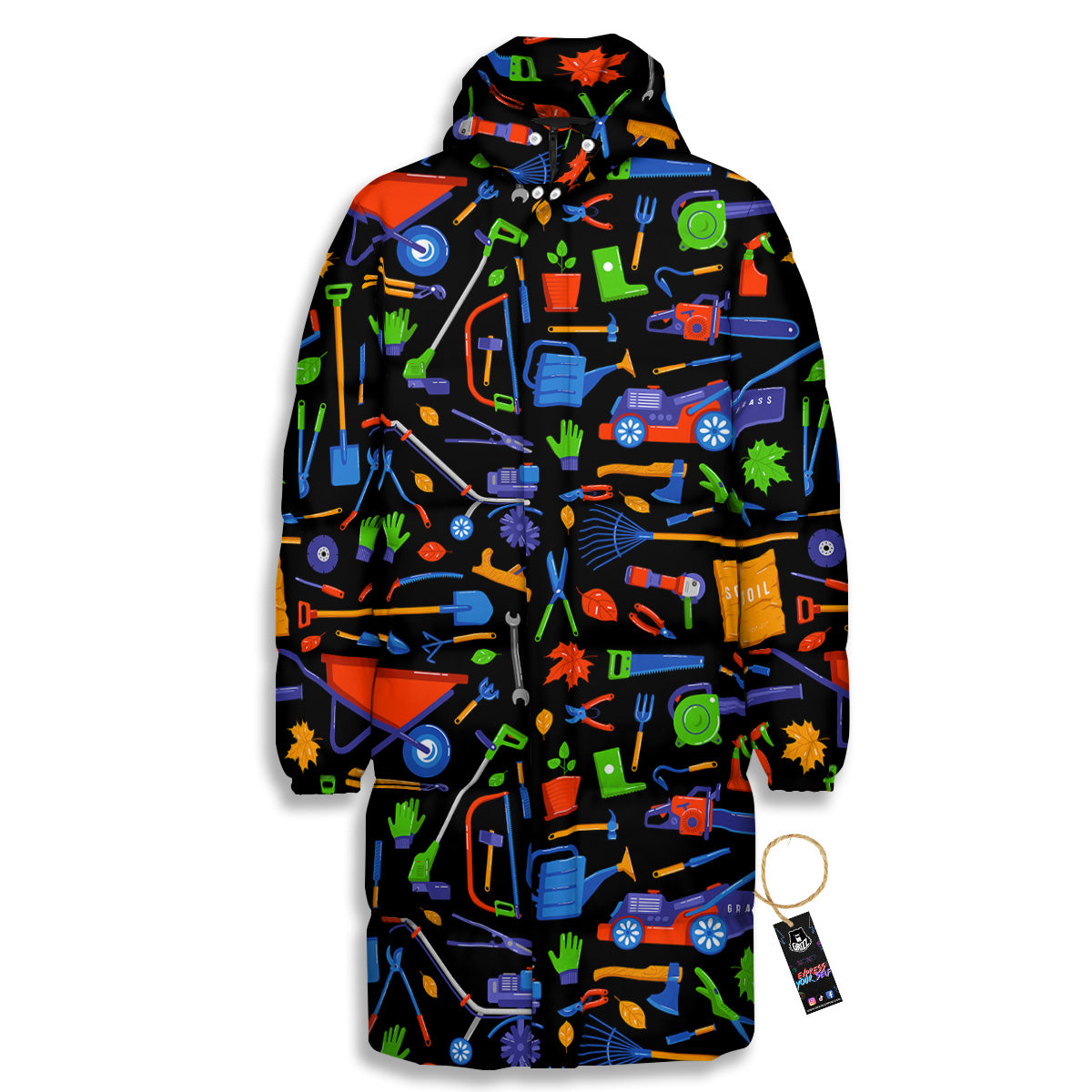 Garden Tools Print Pattern Long Down Jacket-grizzshop