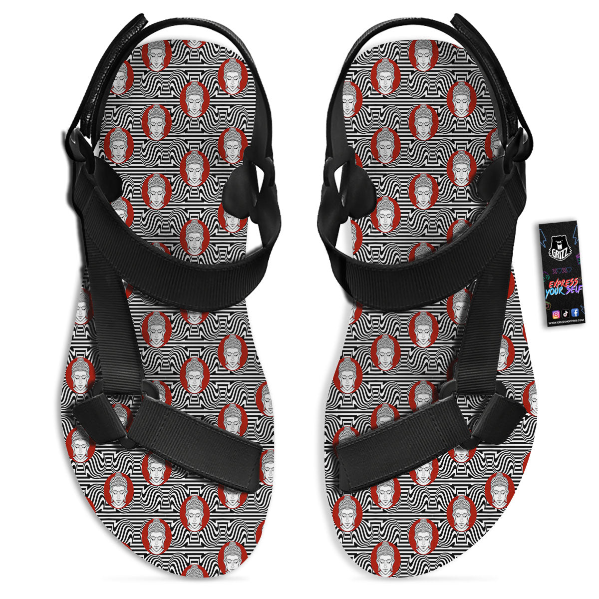 Gautama Buddha Print Pattern Black Open Toe Sandals-grizzshop