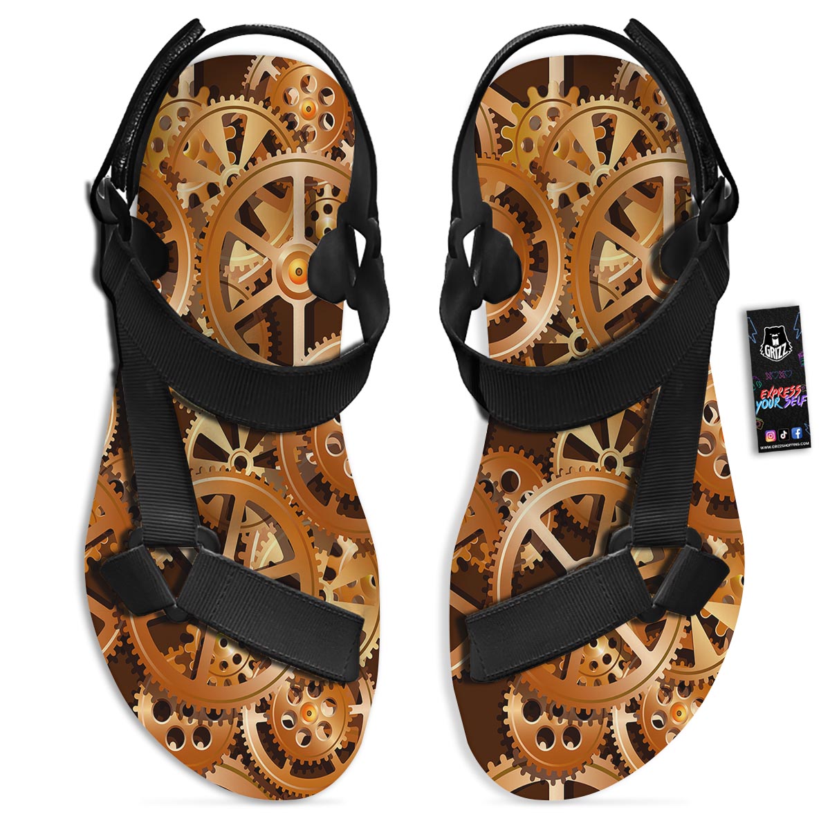 Gears And Steampunk Cogs Print Black Open Toe Sandals-grizzshop