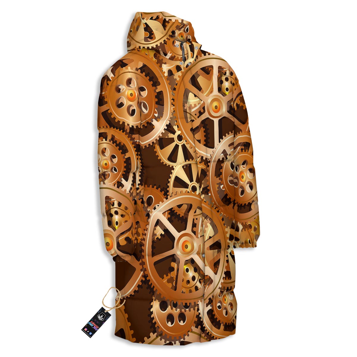 Gears And Steampunk Cogs Print Long Down Jacket-grizzshop