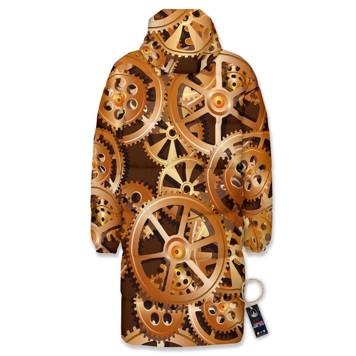 Gears And Steampunk Cogs Print Long Down Jacket-grizzshop