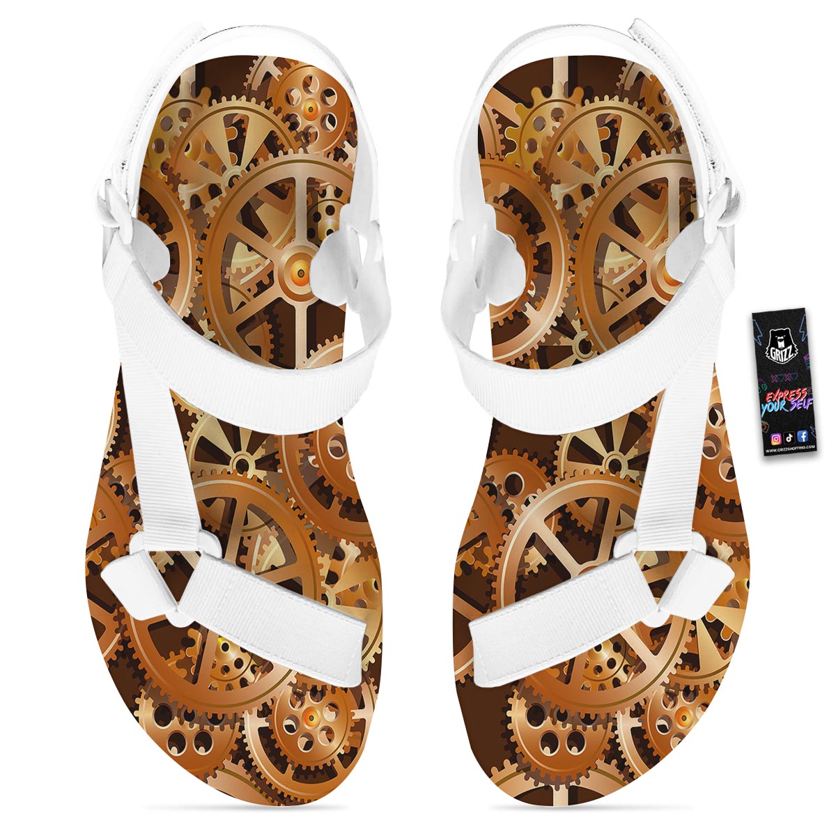 Gears And Steampunk Cogs Print White Open Toe Sandals-grizzshop
