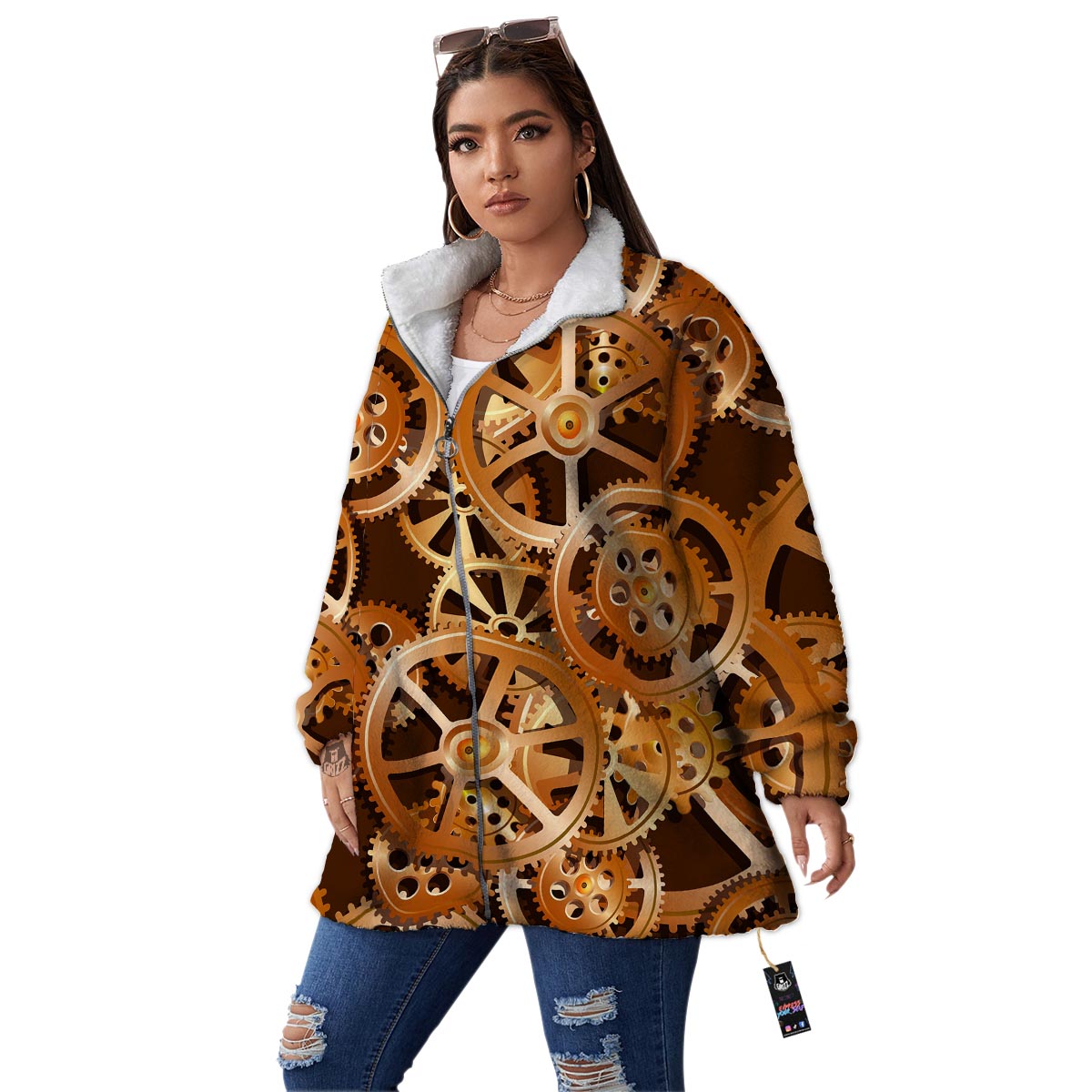 Gears And Steampunk Cogs Print Women's Sherpa Jacket-grizzshop