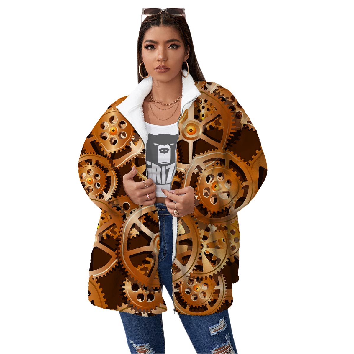Gears And Steampunk Cogs Print Women's Sherpa Jacket-grizzshop