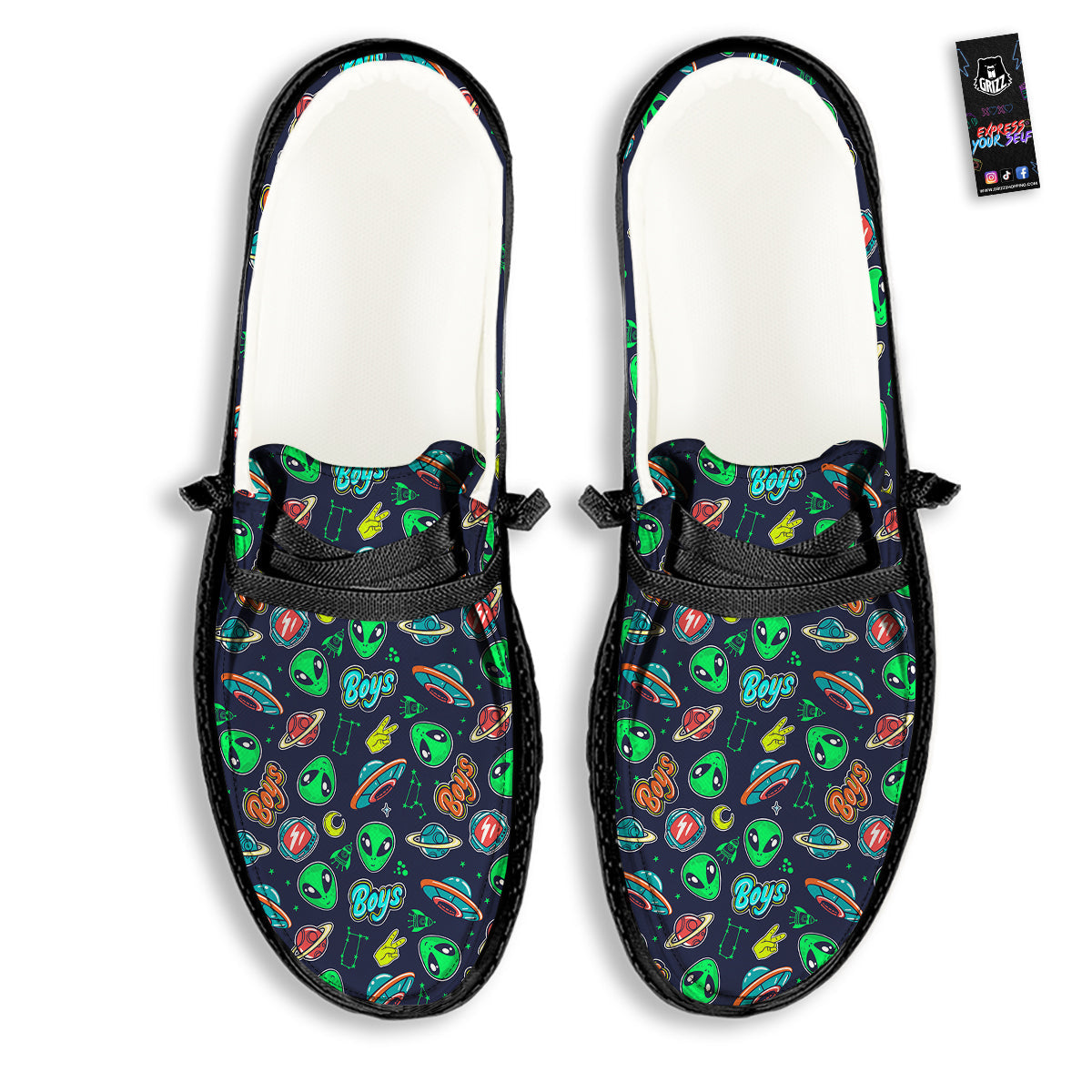 Geen Alien Ufo In Space Print Pattern Black Loafers-grizzshop