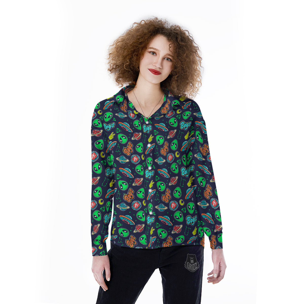 Geen Alien Ufo In Space Print Pattern Women's Long Sleeve Shirts-grizzshop