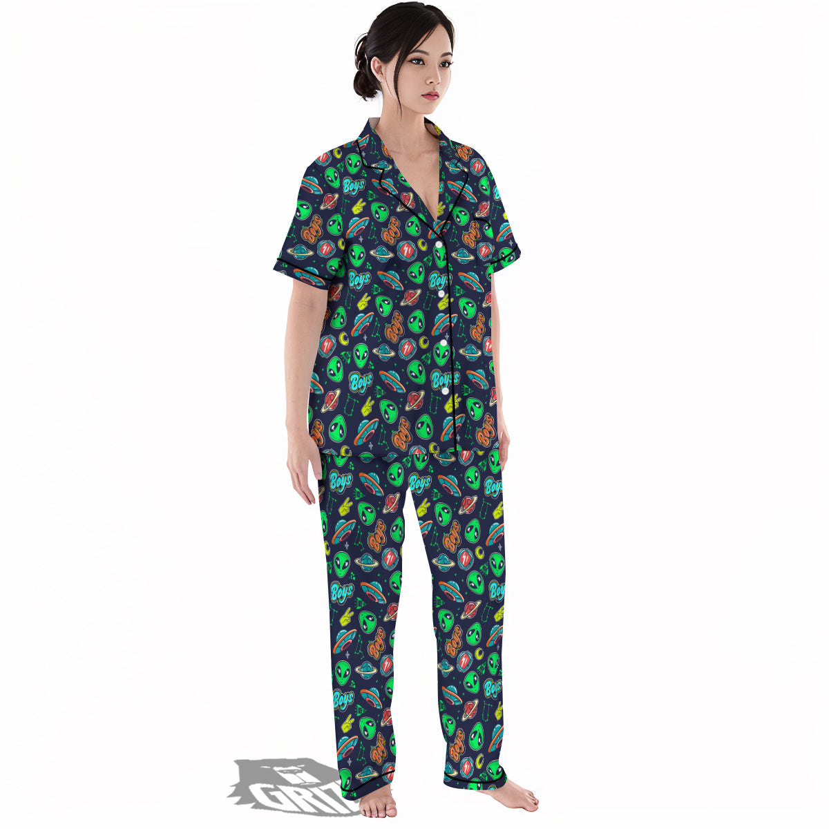 Geen Alien Ufo In Space Print Pattern Women's Pajamas Set-grizzshop