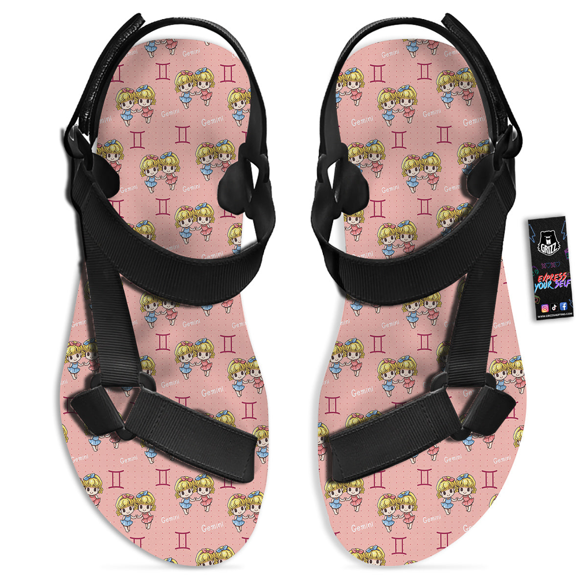 Gemini Cute Cartoon Print Pattern Black Open Toe Sandals-grizzshop