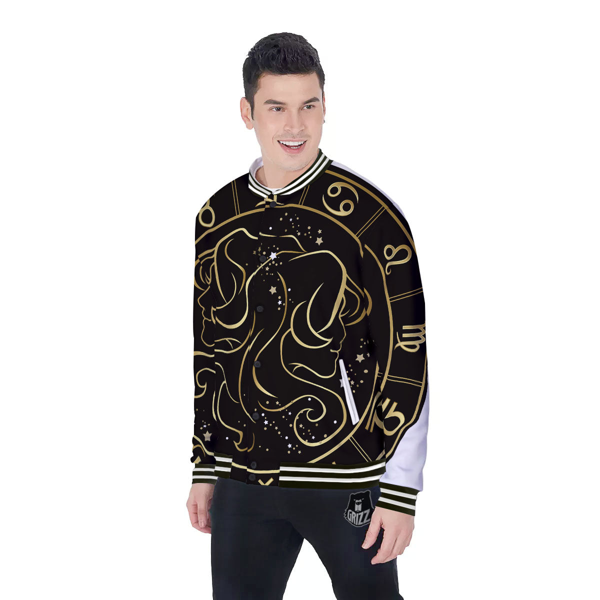 Gemini Sign Black And Gold Print Baseball Jacket-grizzshop