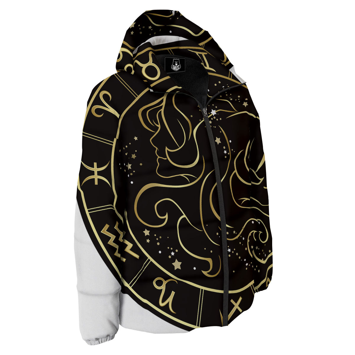 Gemini Sign Black And Gold Print Down Jacket-grizzshop