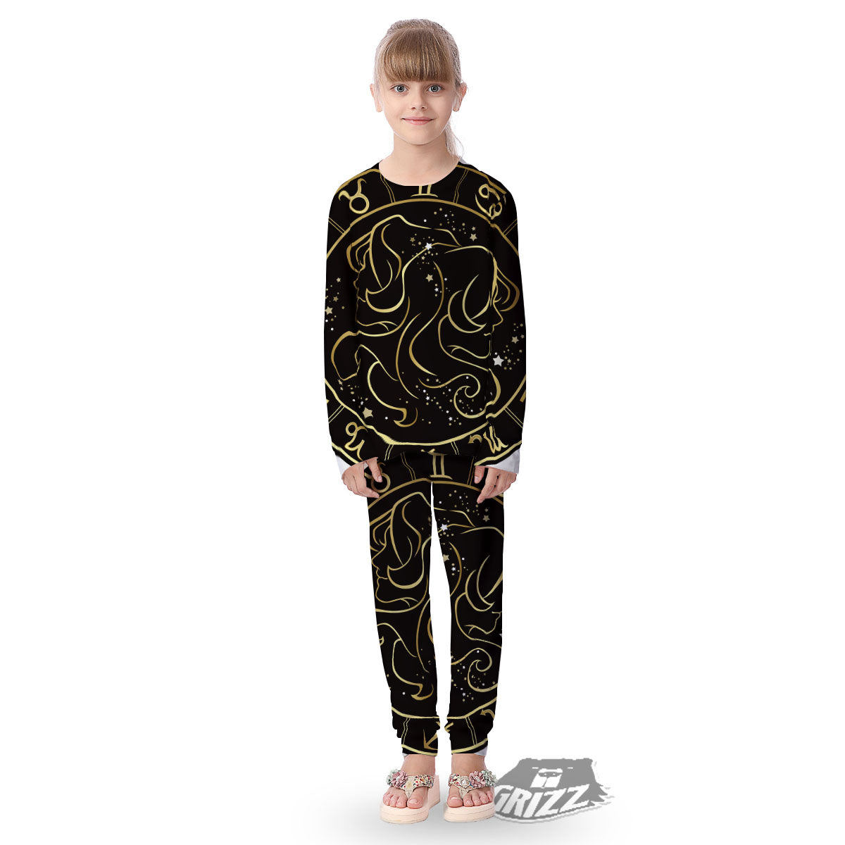 Gemini Sign Black And Gold Print Kid's Pajamas-grizzshop