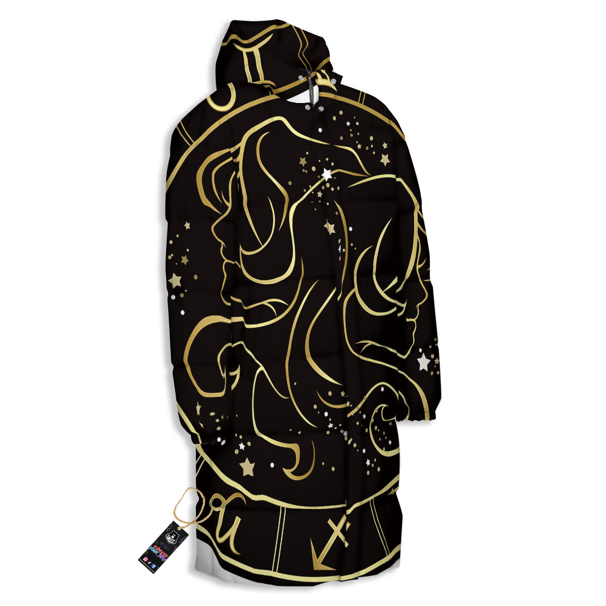 Gemini Sign Black And Gold Print Long Down Jacket-grizzshop