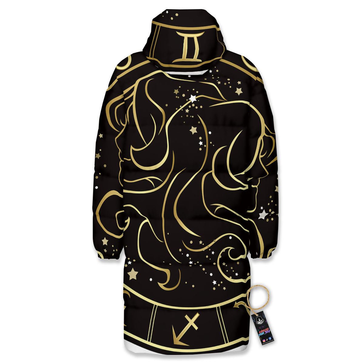 Gemini Sign Black And Gold Print Long Down Jacket-grizzshop