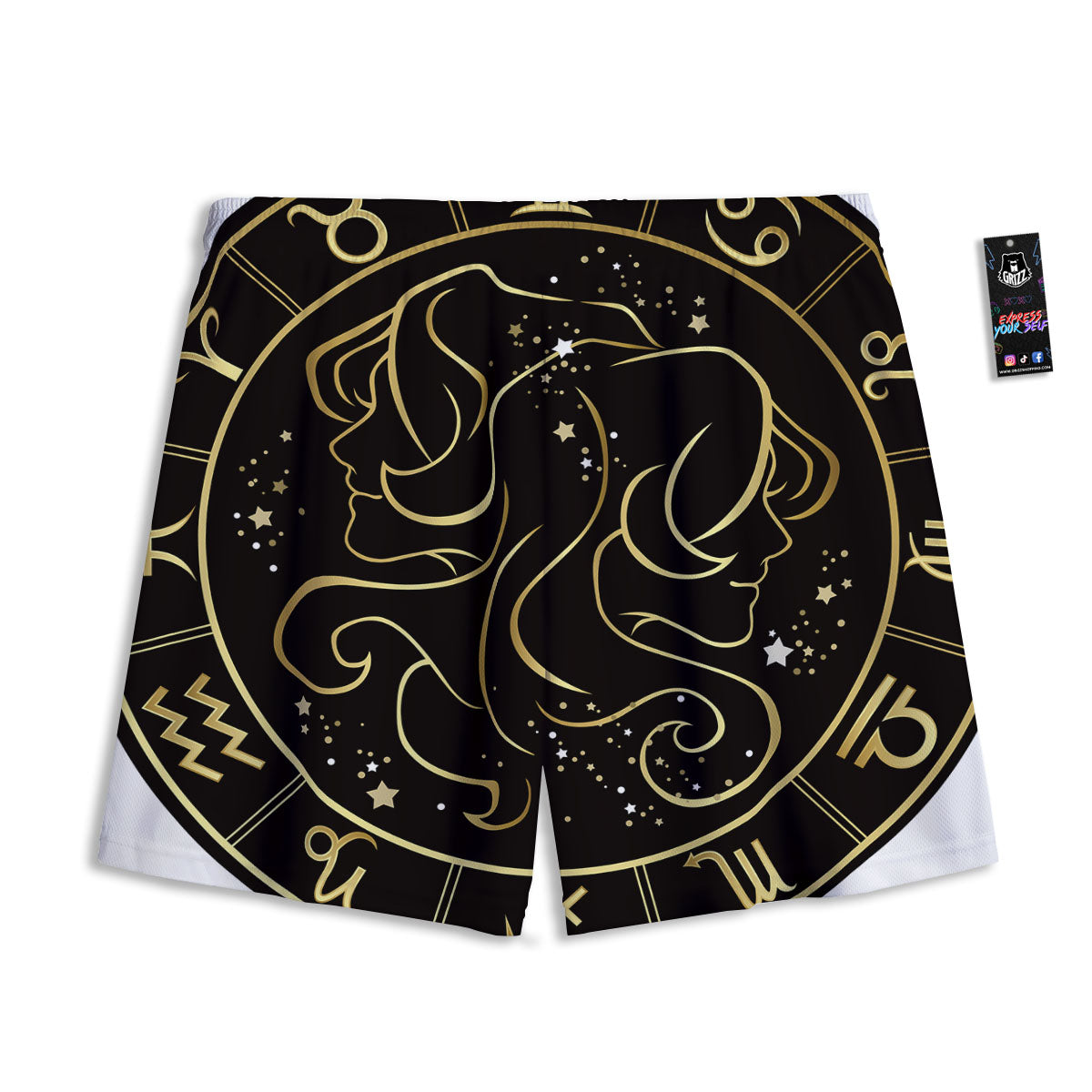Gemini Sign Black And Gold Print Mesh Shorts