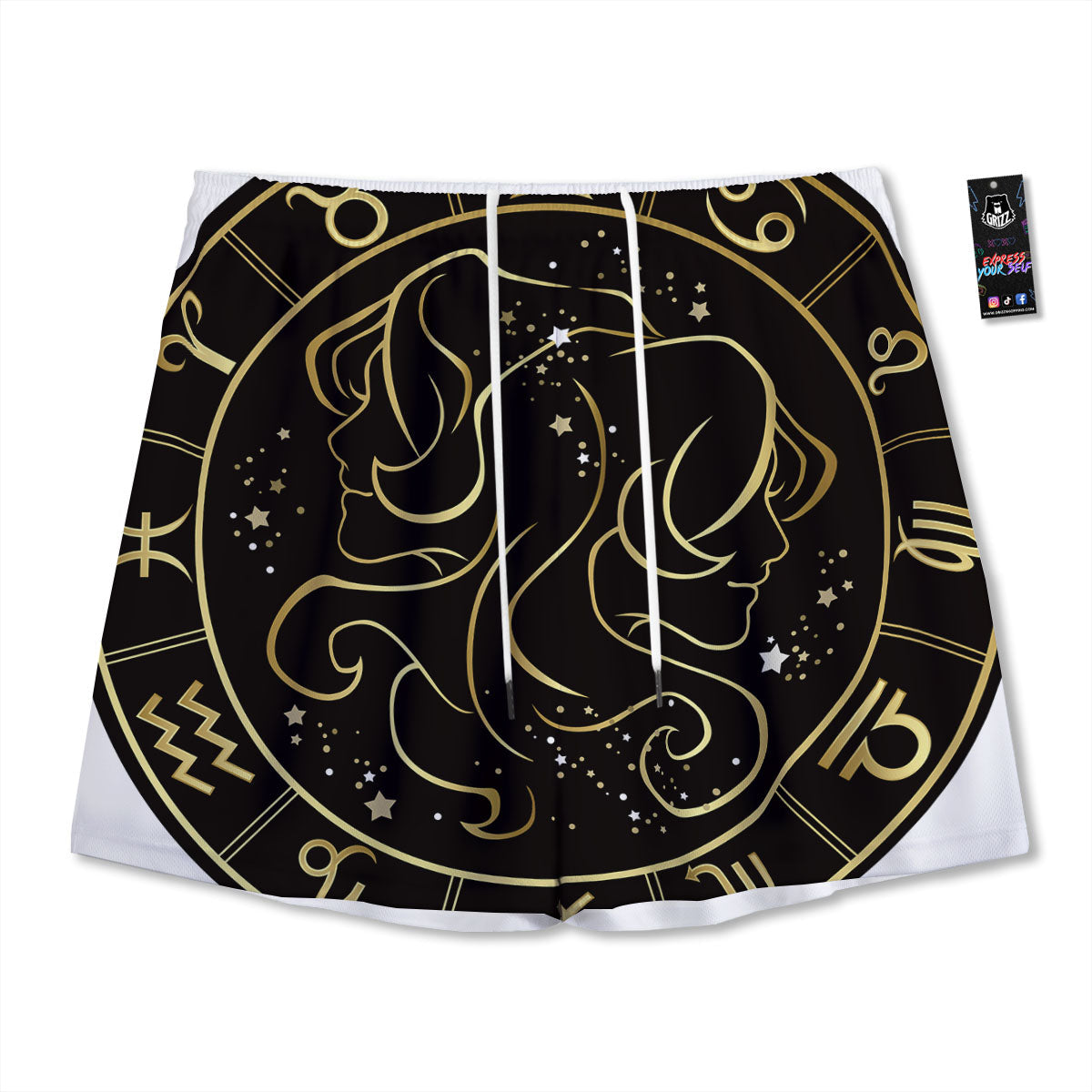 Gemini Sign Black And Gold Print Mesh Shorts