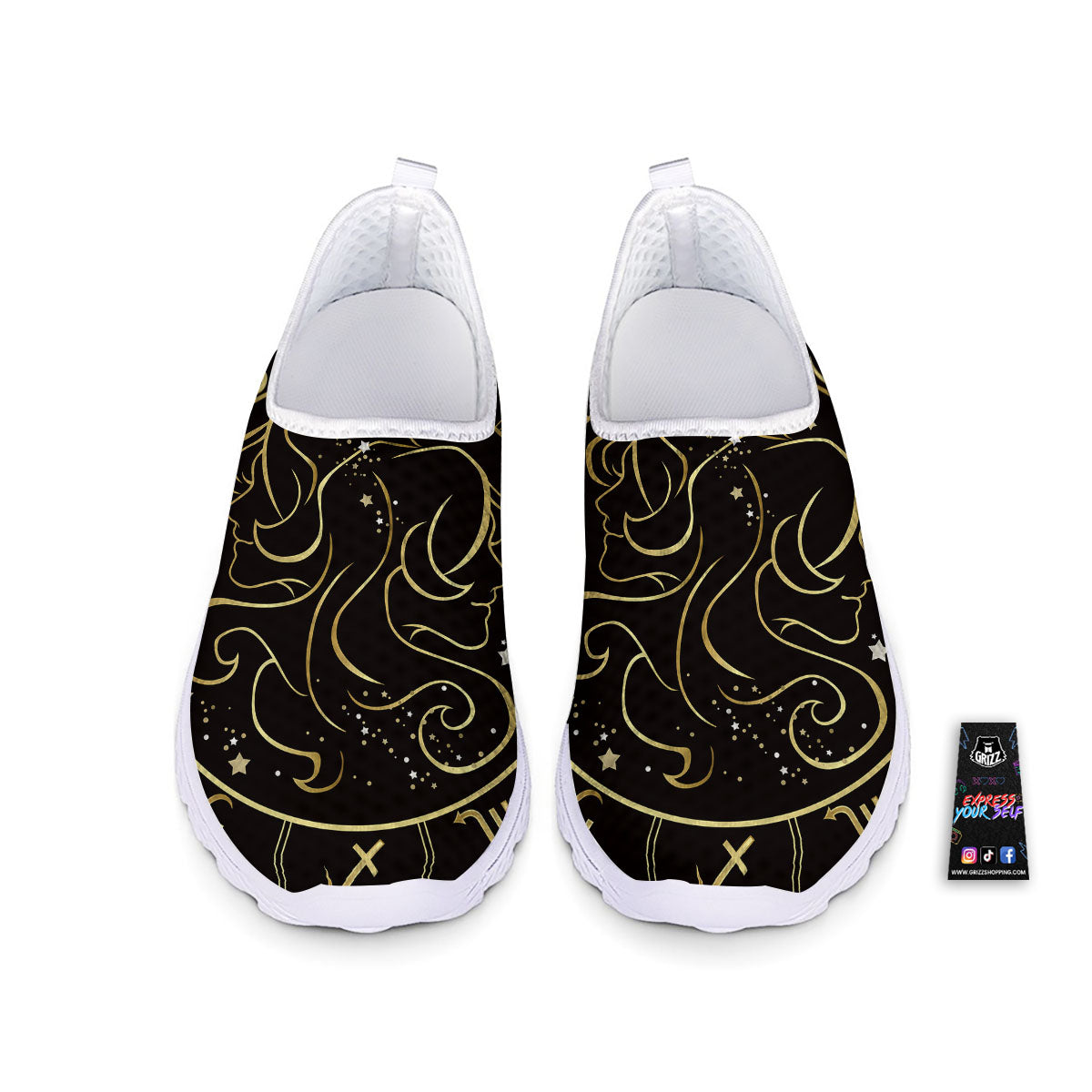 Gemini Sign Black And Gold Print Nurse Shoes-grizzshop