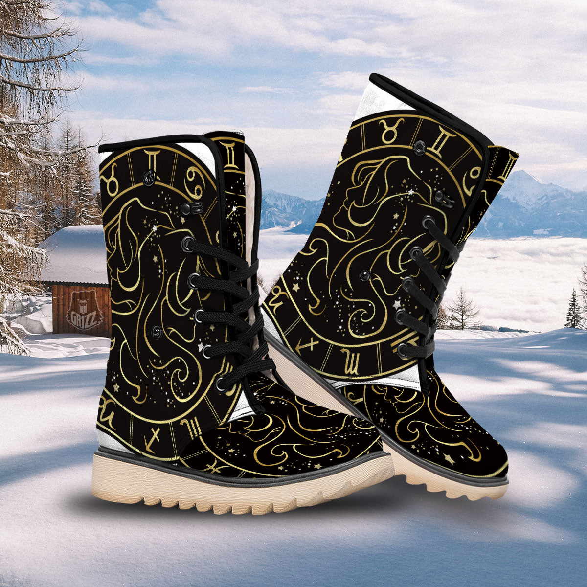 Gemini Sign Black And Gold Print Snow Boots-grizzshop
