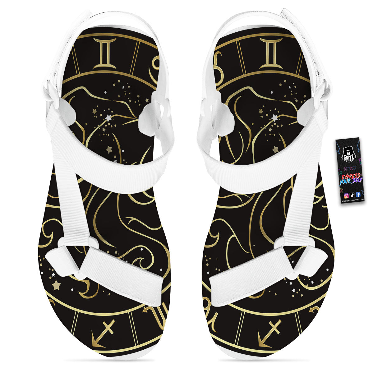 Gemini Sign Black And Gold Print White Open Toe Sandals-grizzshop