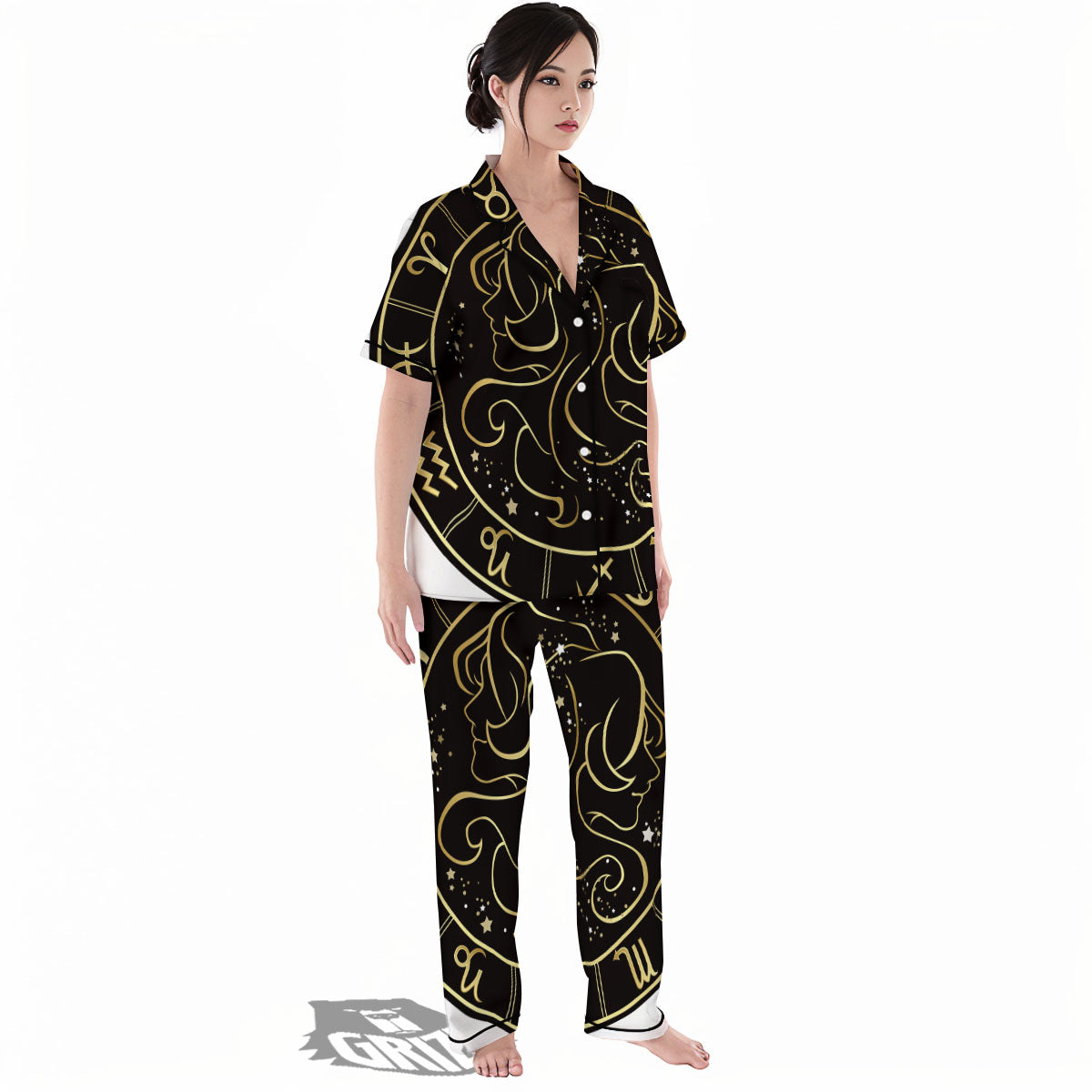 Gemini Sign Black And Gold Print Women's Pajamas Set-grizzshop