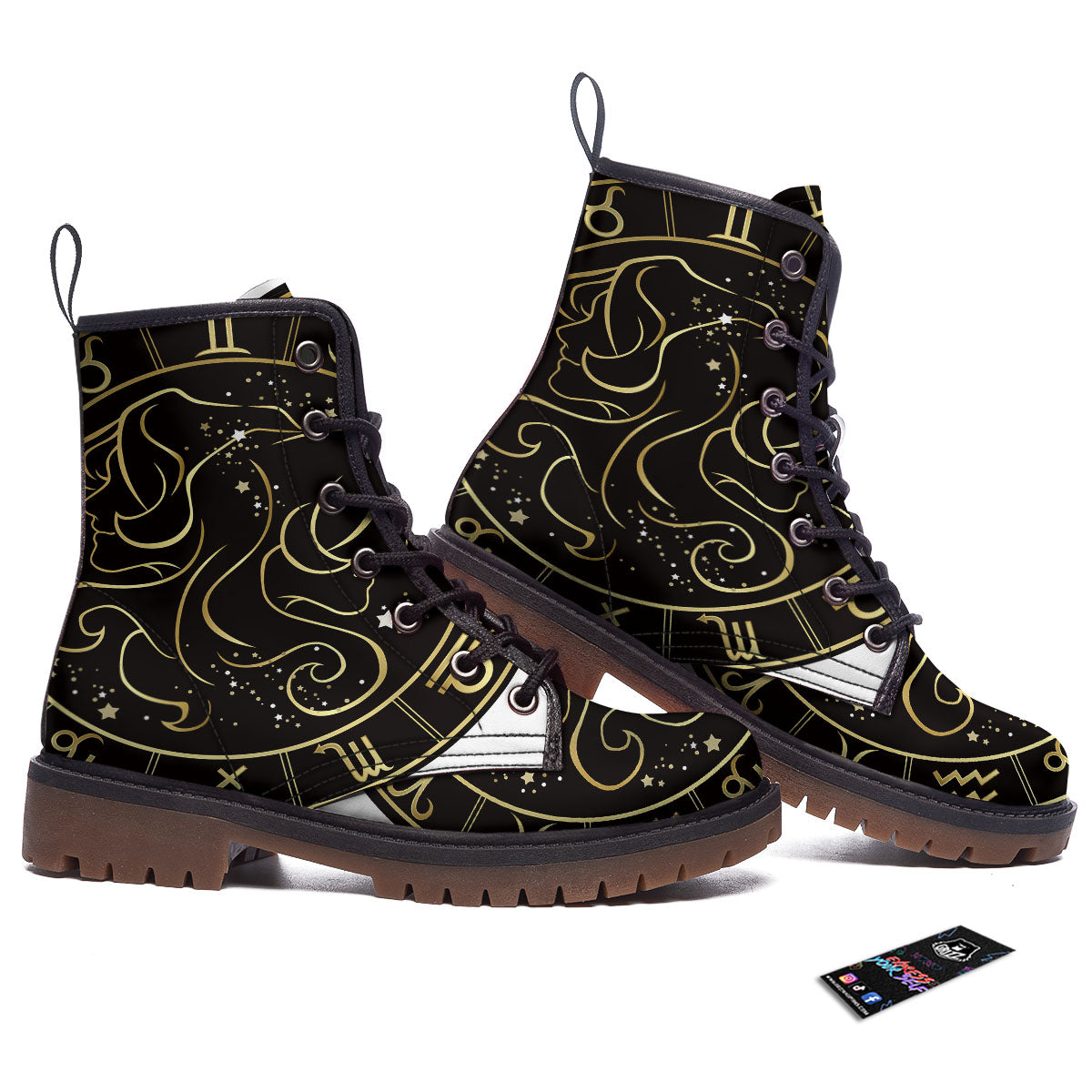 Gemini Sign Black And Gold Print Work Boots-grizzshop