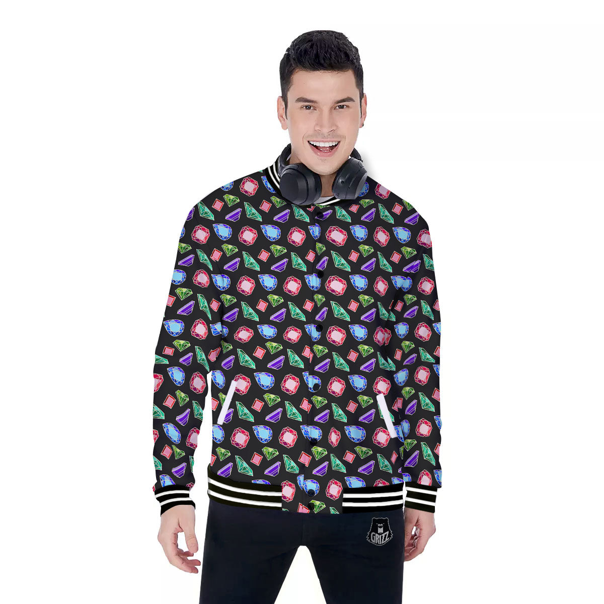 Gems Diamond Print Baseball Jacket-grizzshop